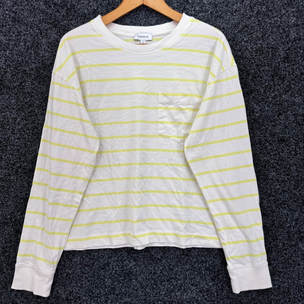 Evereve Womens Large White Yellow Striped Long Sleeve Pocket Tee Crew Neck L